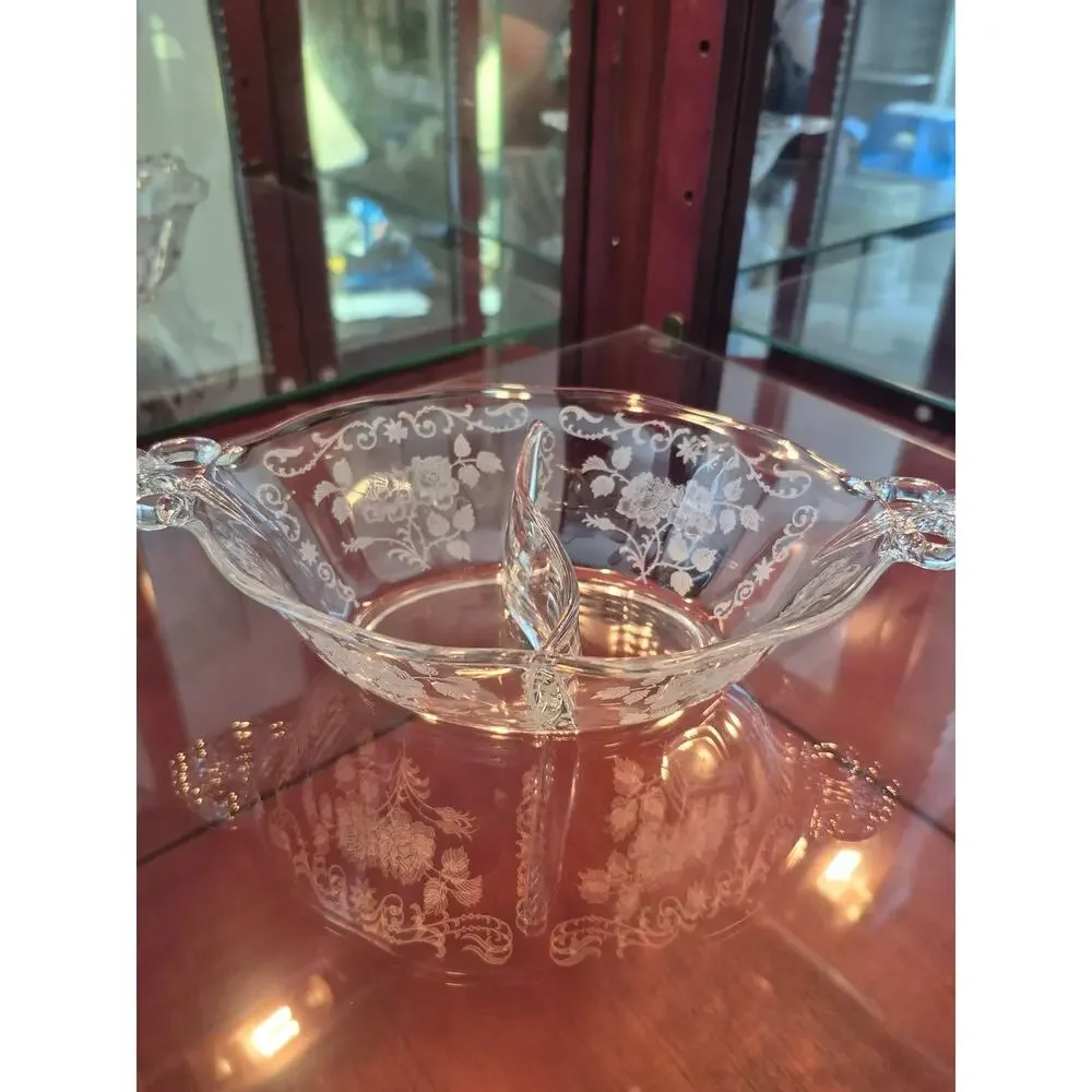 Fostoria Relish Dish‎ Adult OS Clear Midnight Rose Etched Vintage Glass Bowl